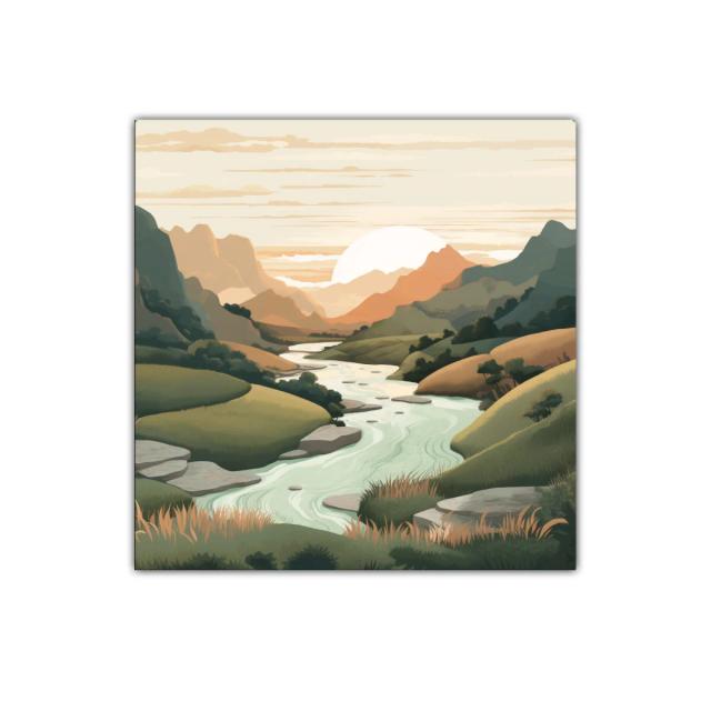 Paisaje sereno con río y montañas al atardecer