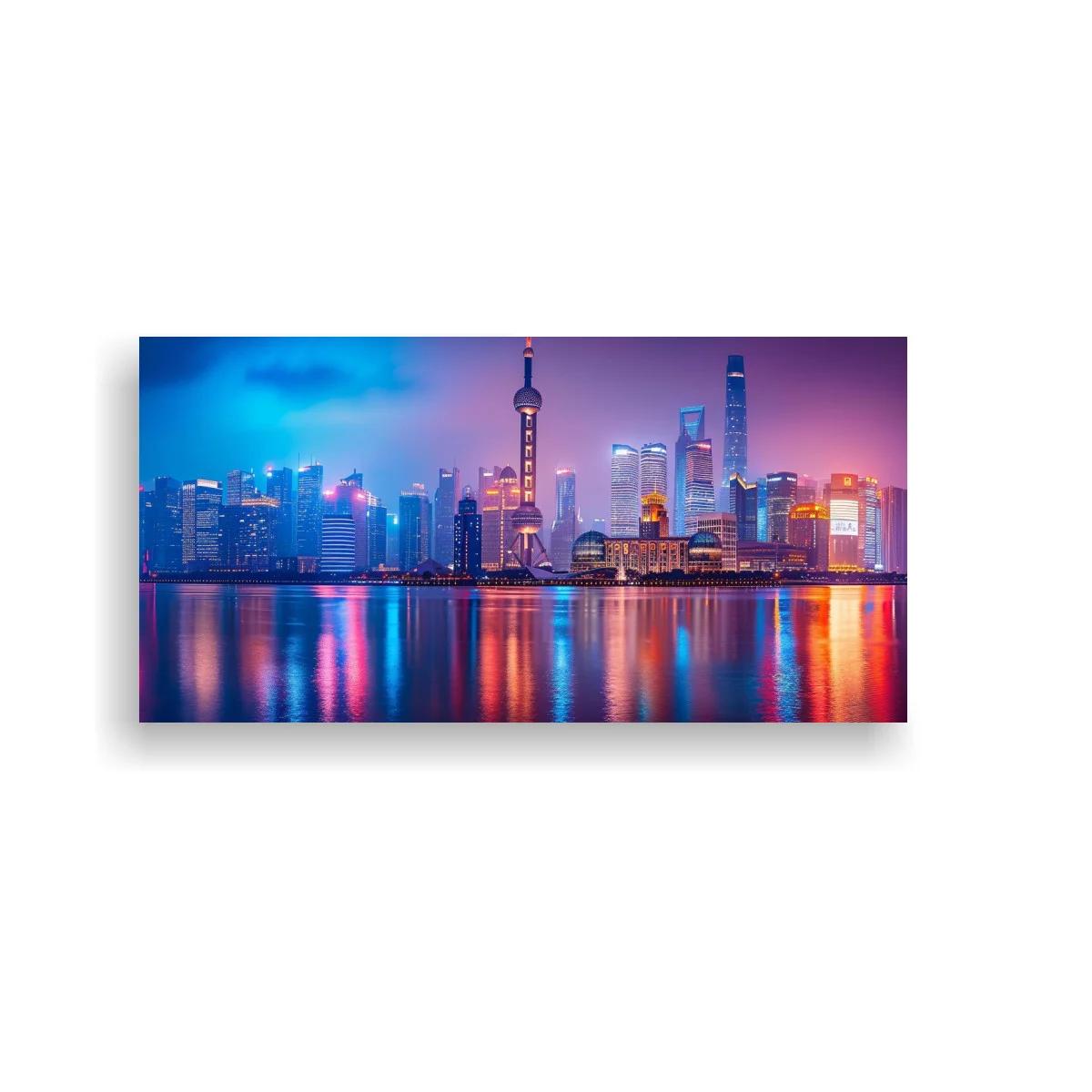 Cuadro skyline urbano nocturno con reflejos luminosos