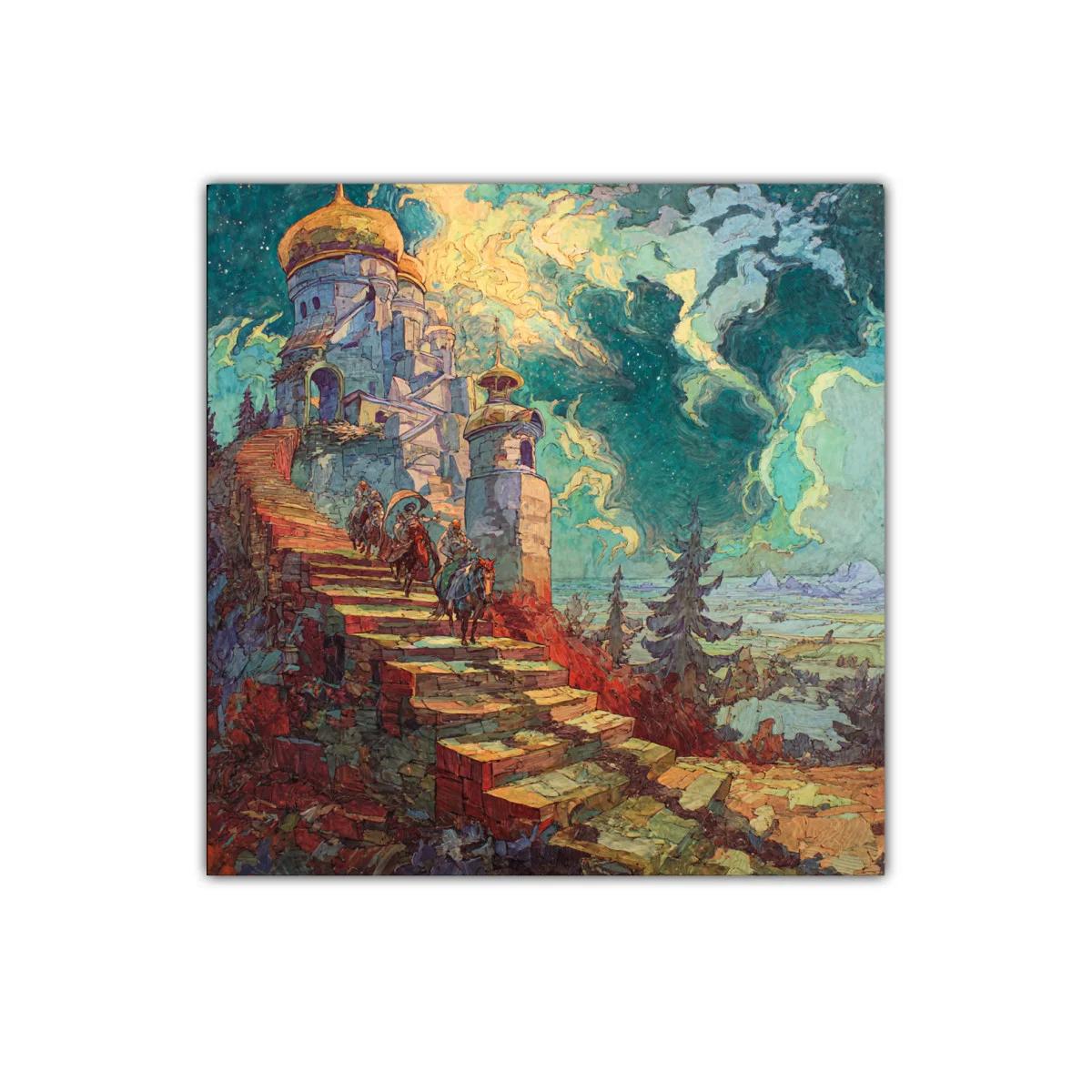 Caballeros ascendiendo a castillo bajo un cielo nocturno estrellado — imagen principal