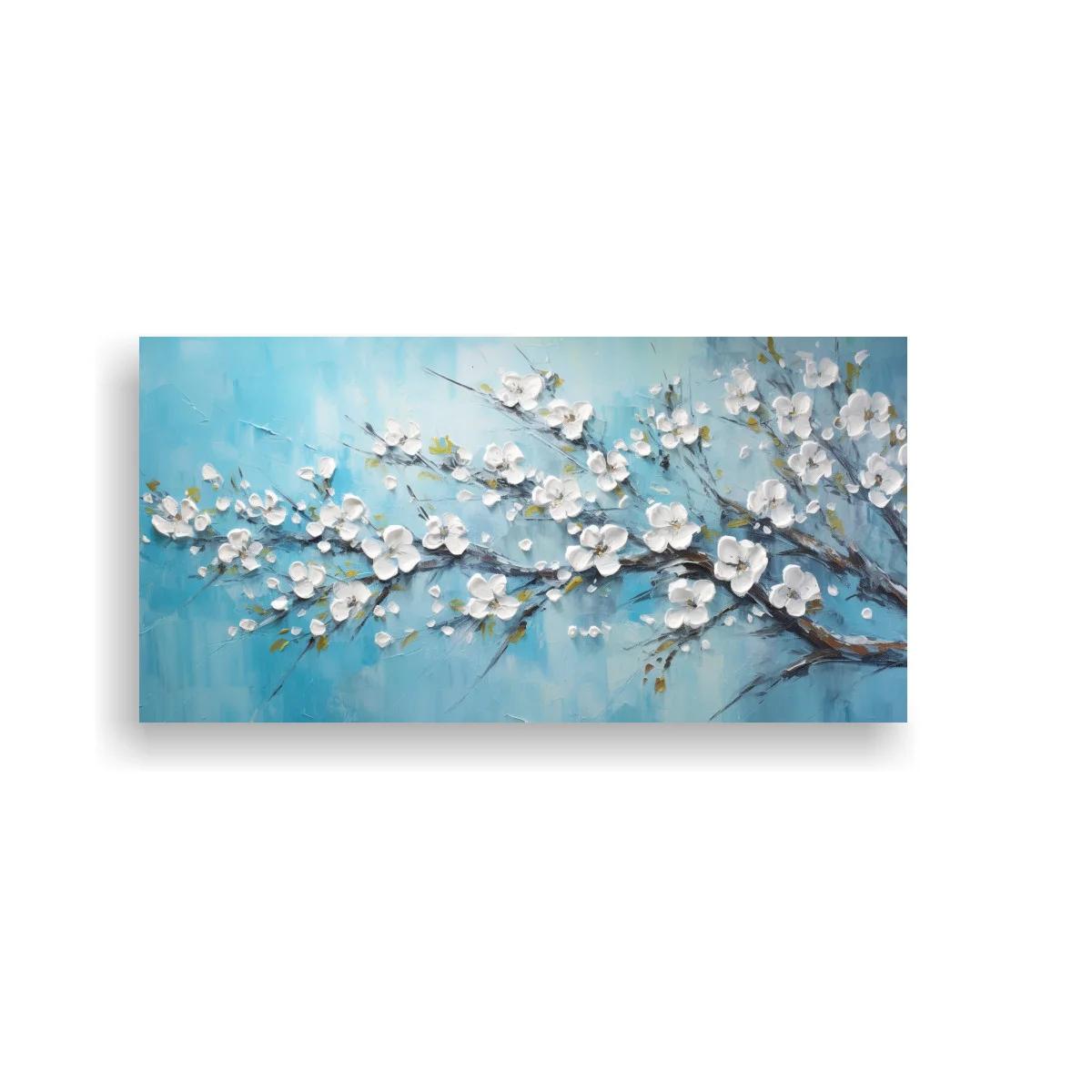 Cuadro rama de flores blancas con fondo turquesa texturizado