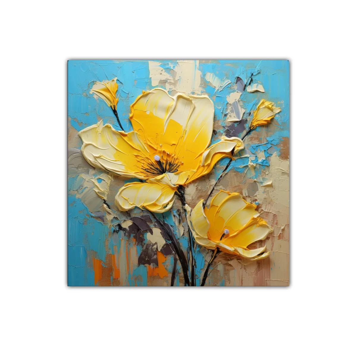Cuadro decorativo con flores amarillas vibrantes y fondo azul — imagen principal
