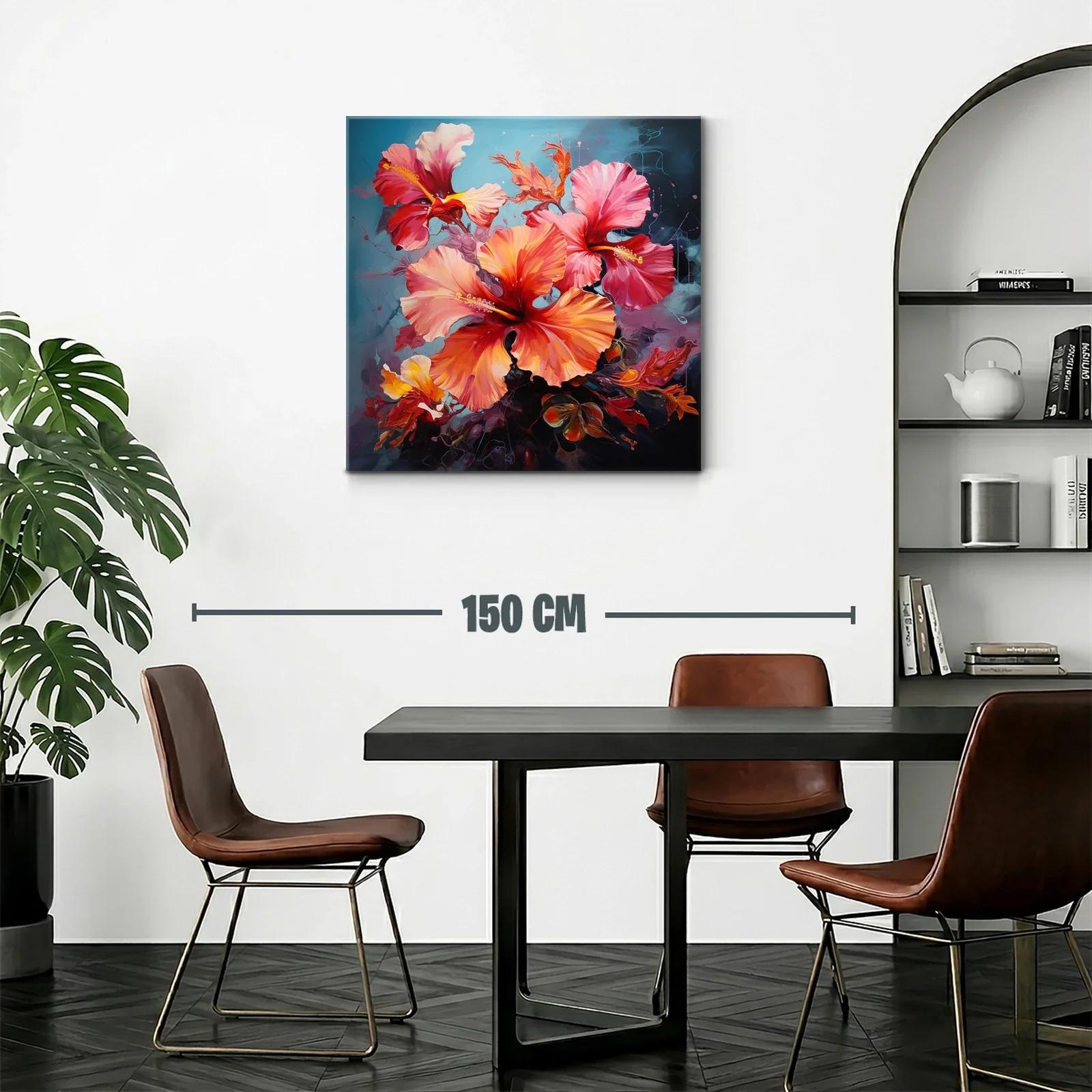 Cuadro floral con vibrantes tonos cálidos y fondo azul — miniatura 2