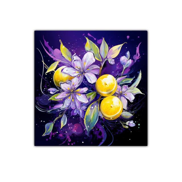 Composición vibrante con flores lilas y frutas amarillas