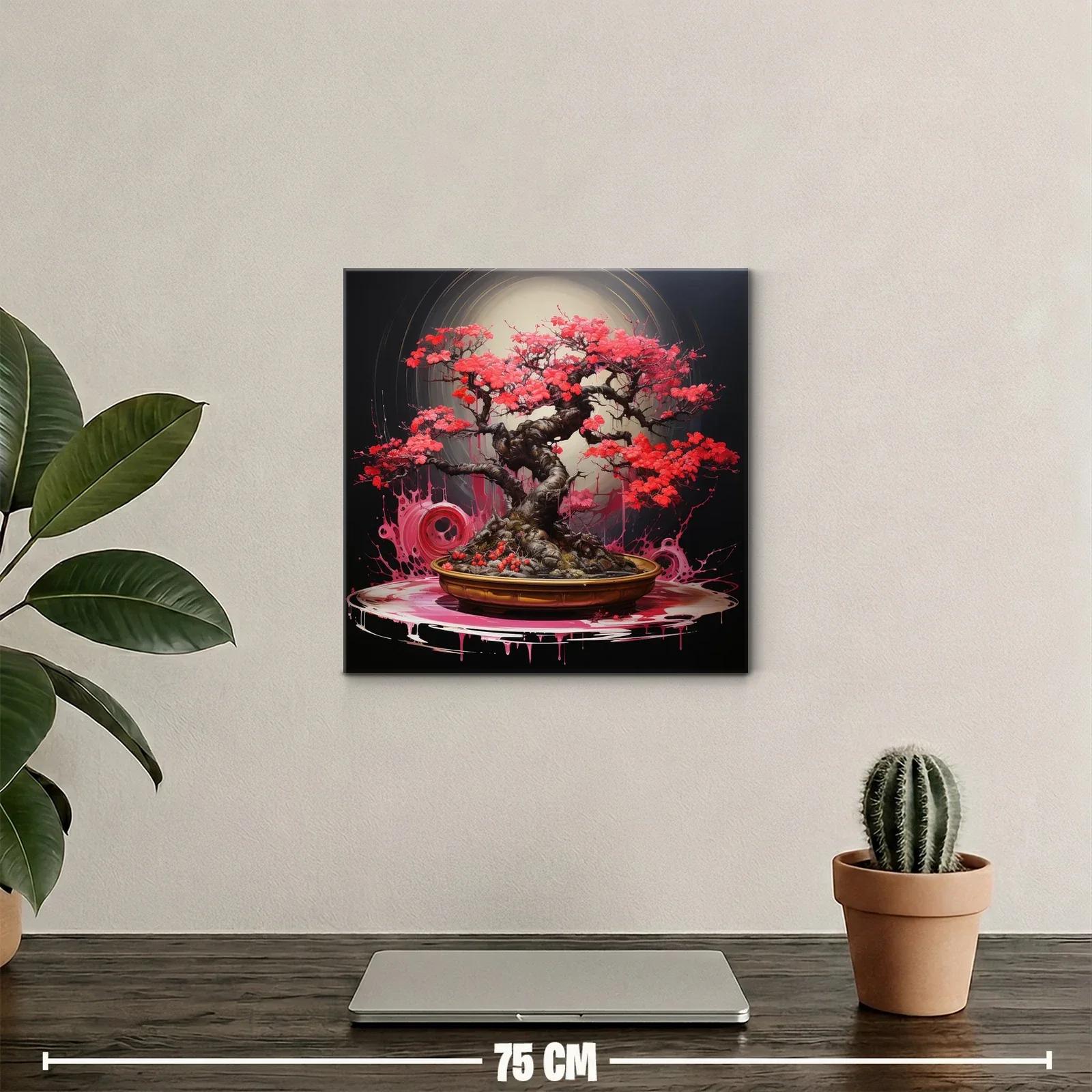 Árbol bonsái con vibrantes hojas rojas iluminado en círculo — miniatura 2