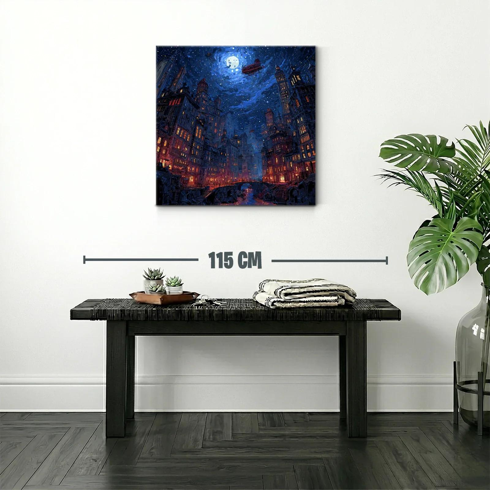 Ciudad nocturna bajo un cielo estrellado y luna llena — miniatura 2