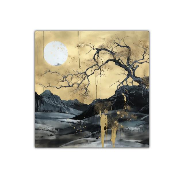 Paisaje nocturno con luna llena y árbol dorado