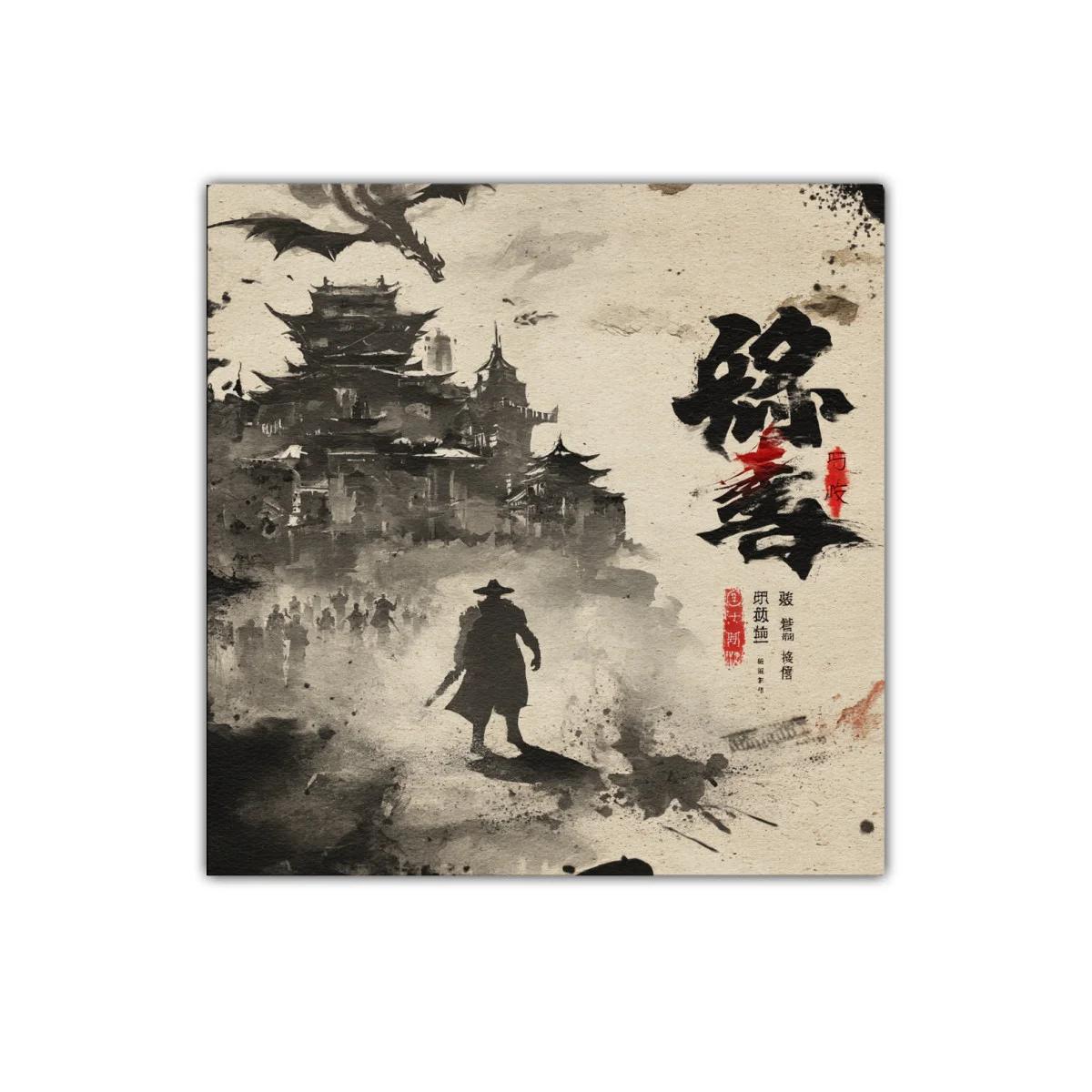 Escena épica en tinta con guerrero y dragón en castillo oriental — imagen principal