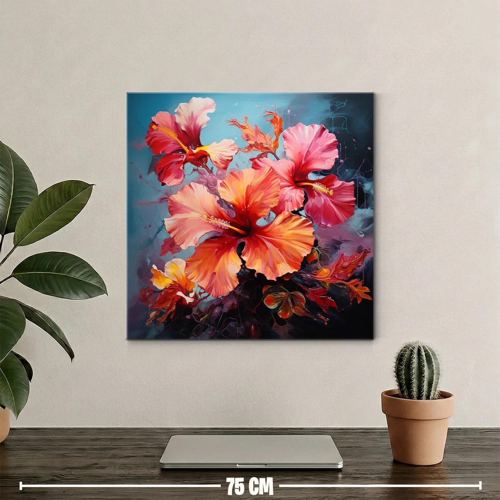 Cuadro floral con vibrantes tonos cálidos y fondo azul — miniatura 2