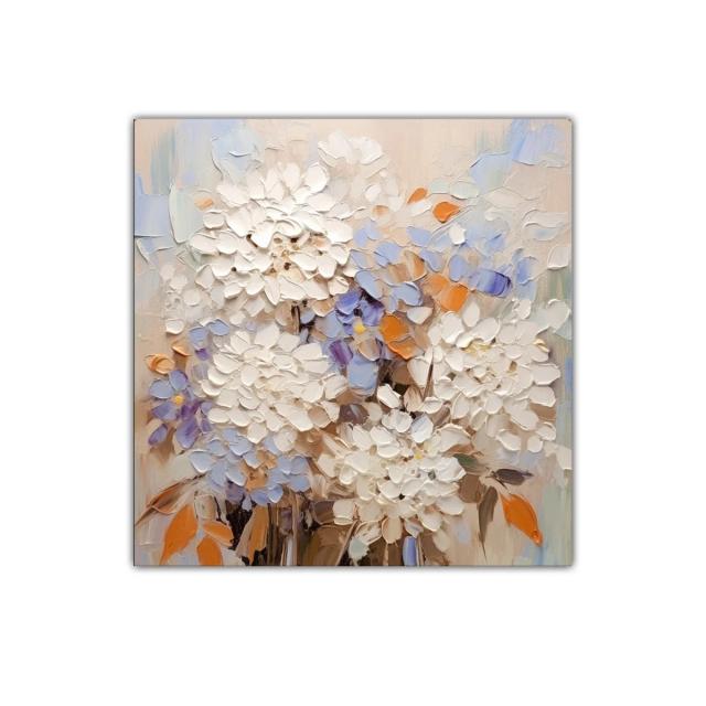 Cuadro decorativo con flores blancas y detalles en azul y naranja