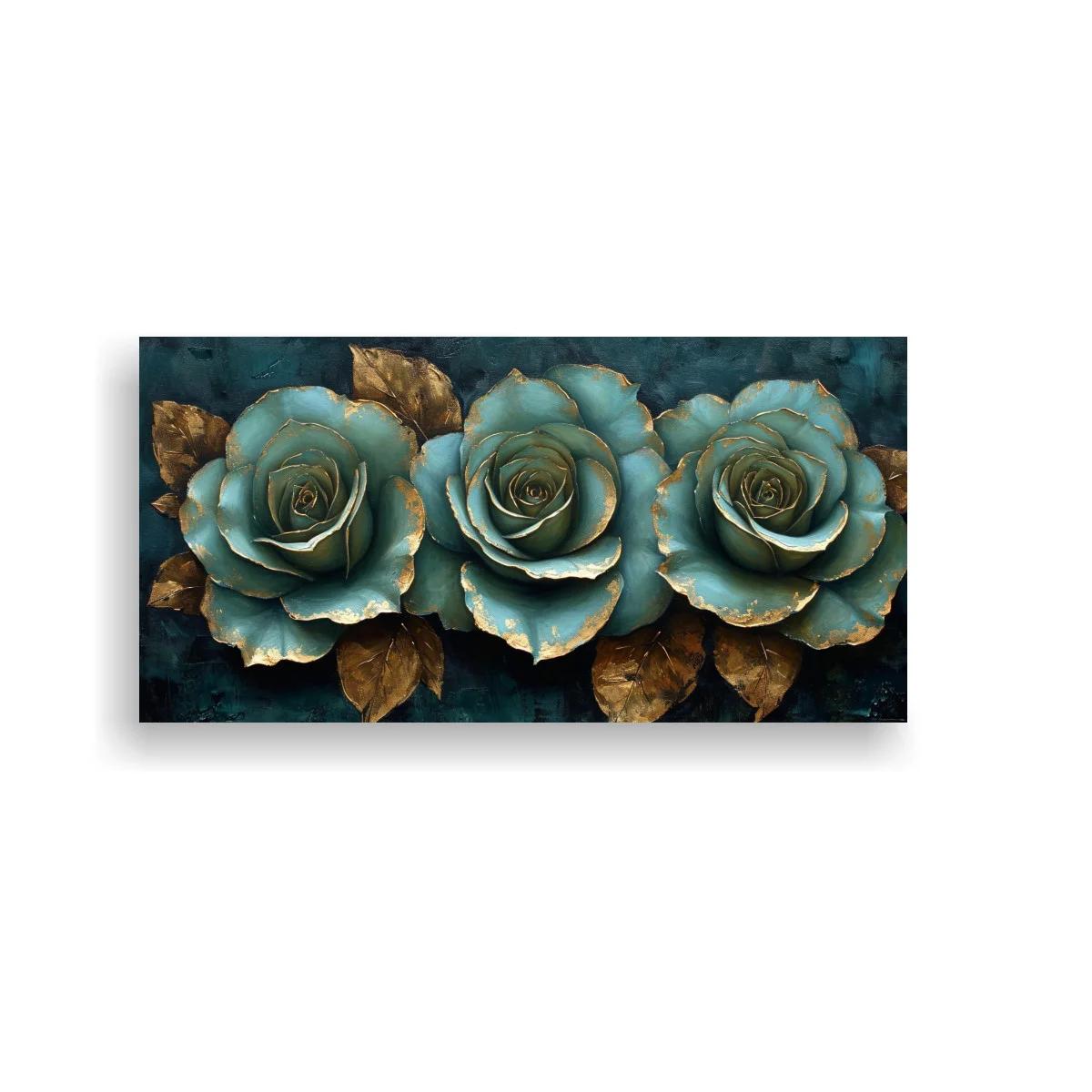 Cuadro tres rosas turquesa con bordes dorados