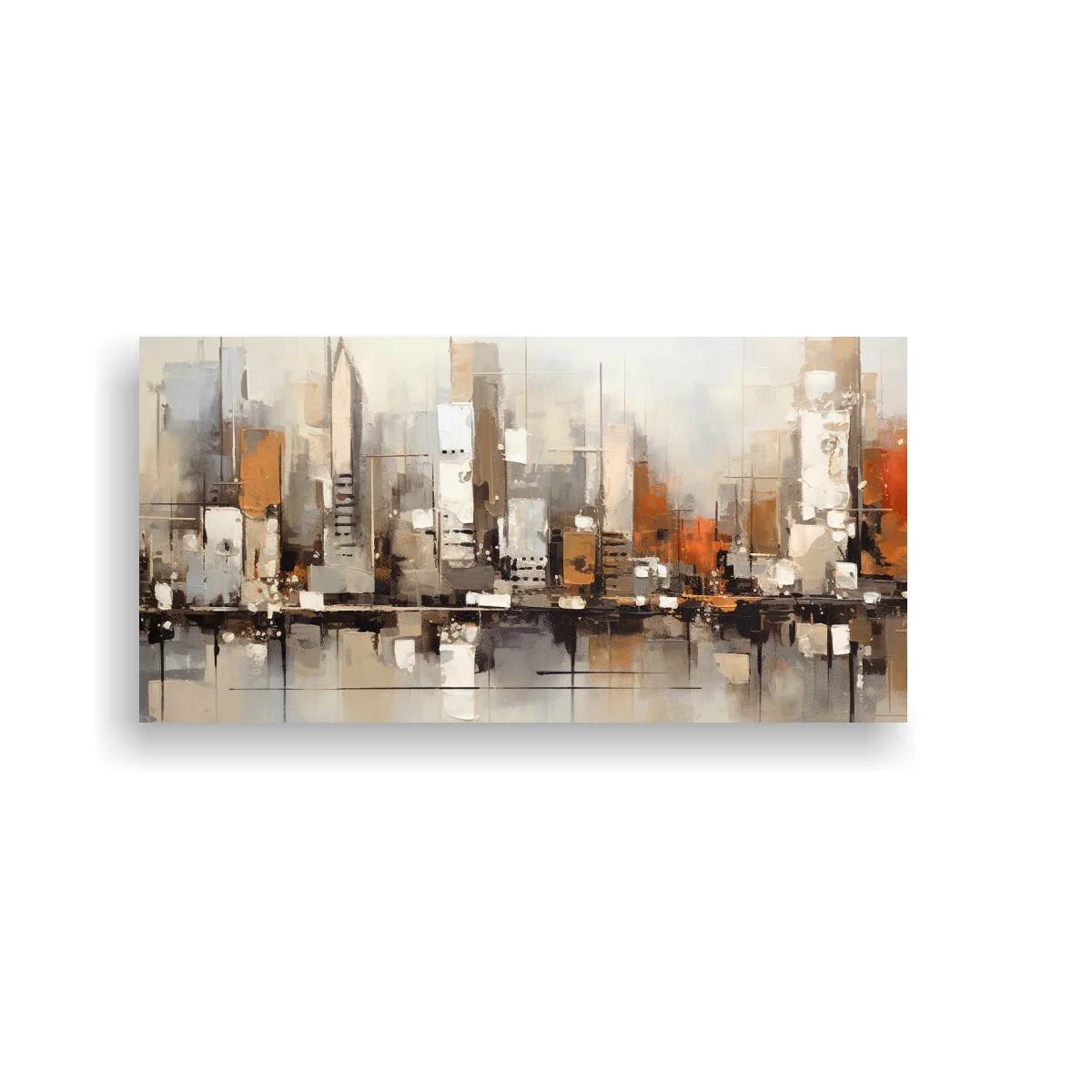 Cuadro skyline urbano abstracto con acentos naranjas — imagen principal