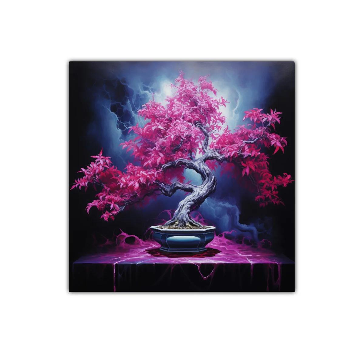 Árbol Bonsái con Hojas Fucsias en Fondo Oscuro — imagen principal