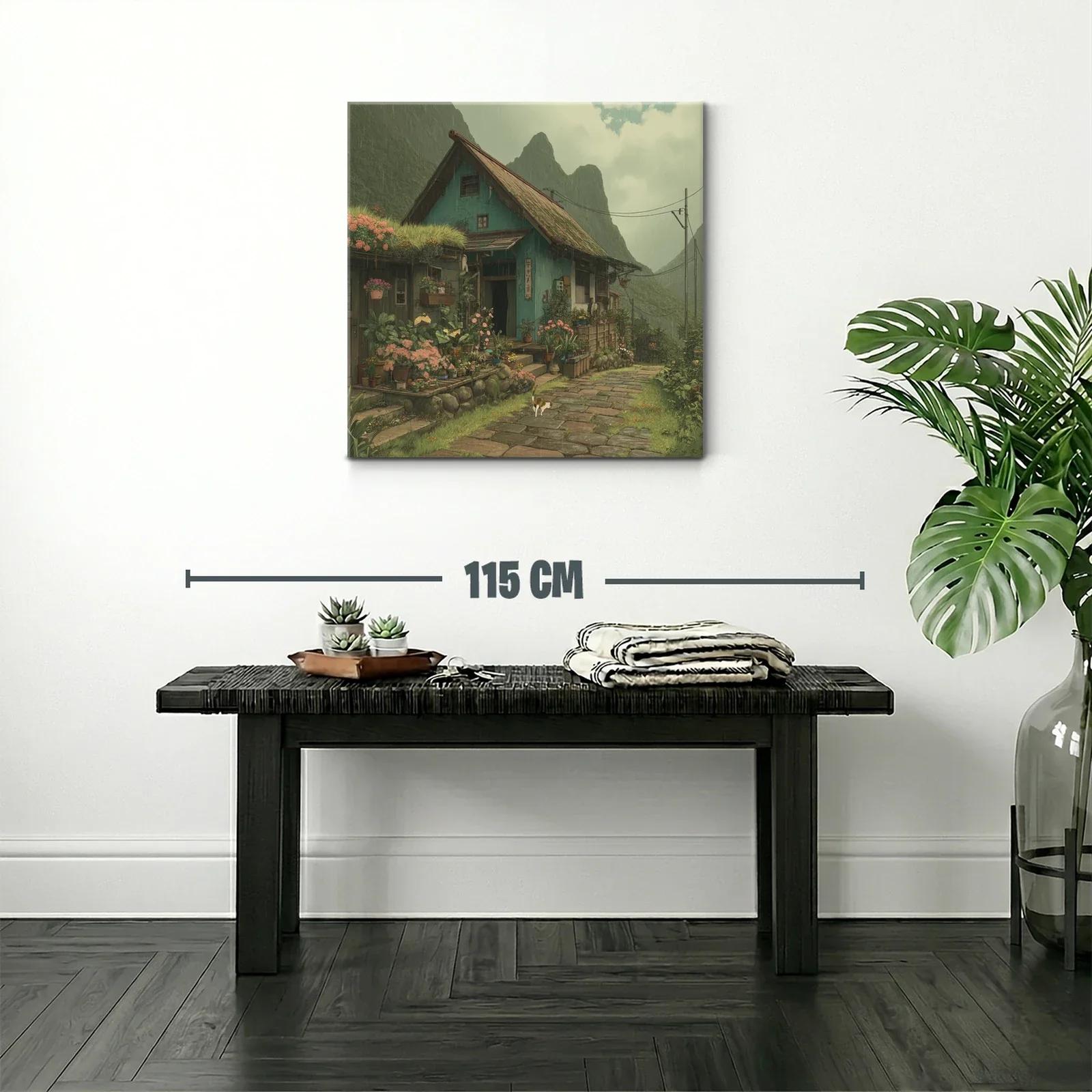 Paisaje rural con casa y jardín florido bajo lluvia suave — miniatura 2