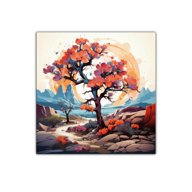 Árbol Florido con Colores Cálidos y Paisaje Montañoso