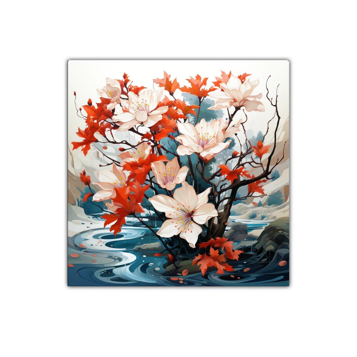 Flores blancas y hojas otoñales sobre fondo fluvial — imagen principal