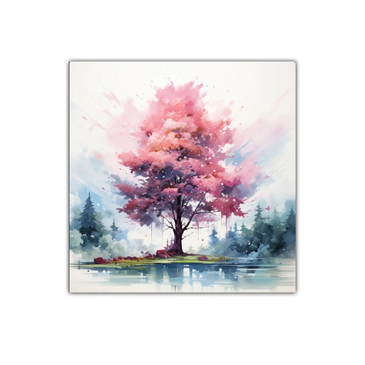 Árbol rosa vibrante junto a lago en paisaje sereno