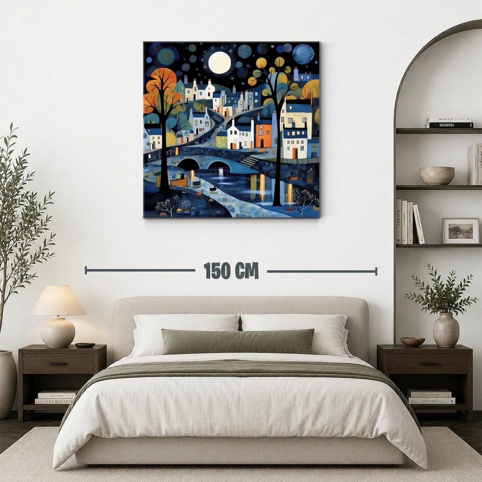 Paisaje nocturno de pueblo con luna llena y reflejos brillantes — miniatura 3