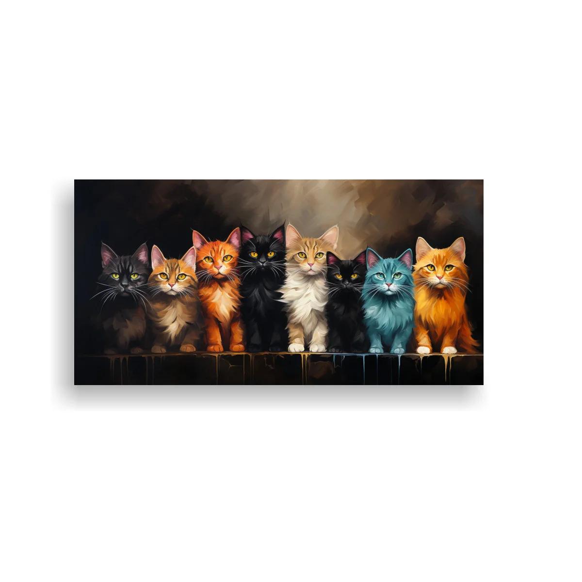 Cuadro ocho gatos en fila sobre fondo oscuro