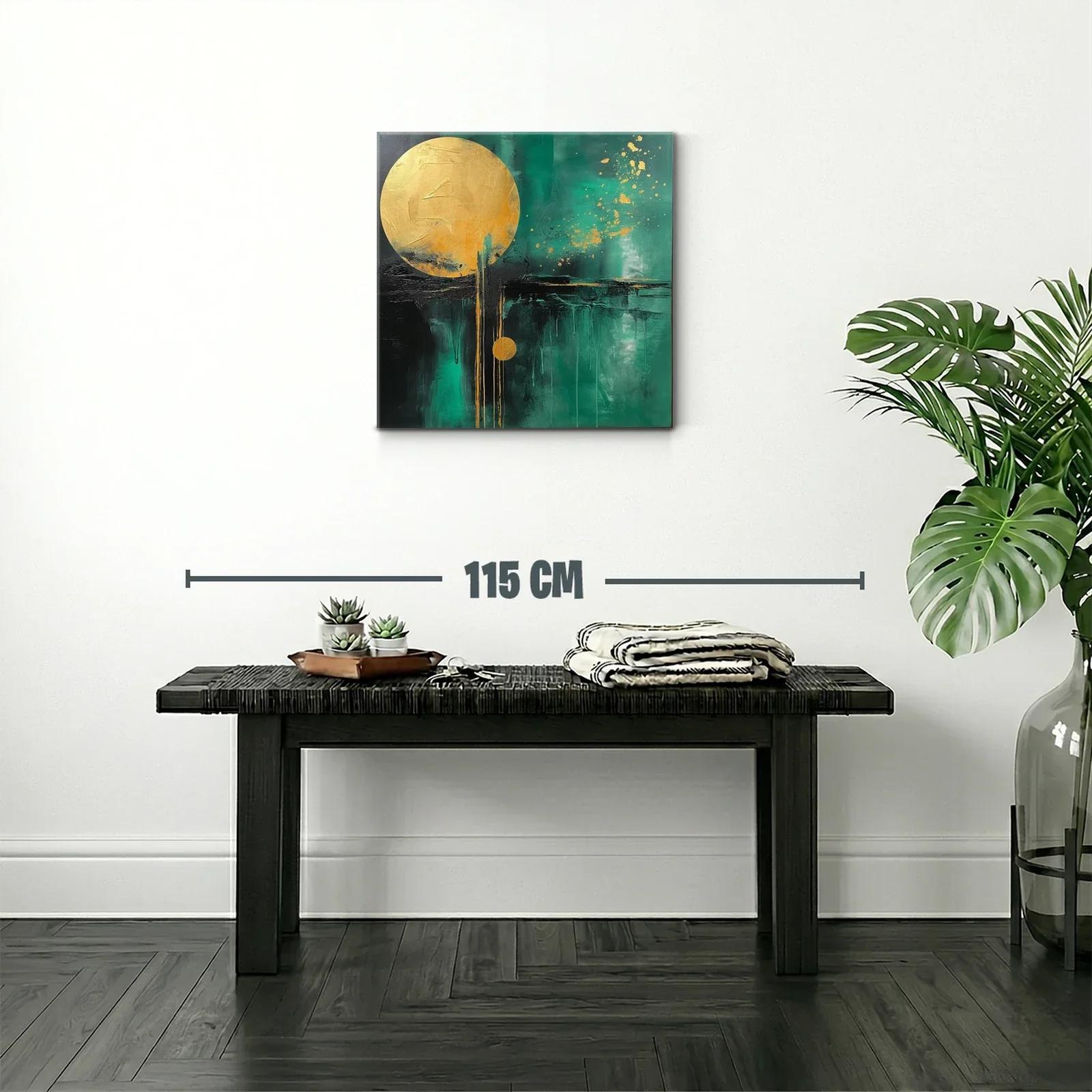 Cuadro abstracto con círculos dorados y fondo verde intenso — miniatura 2
