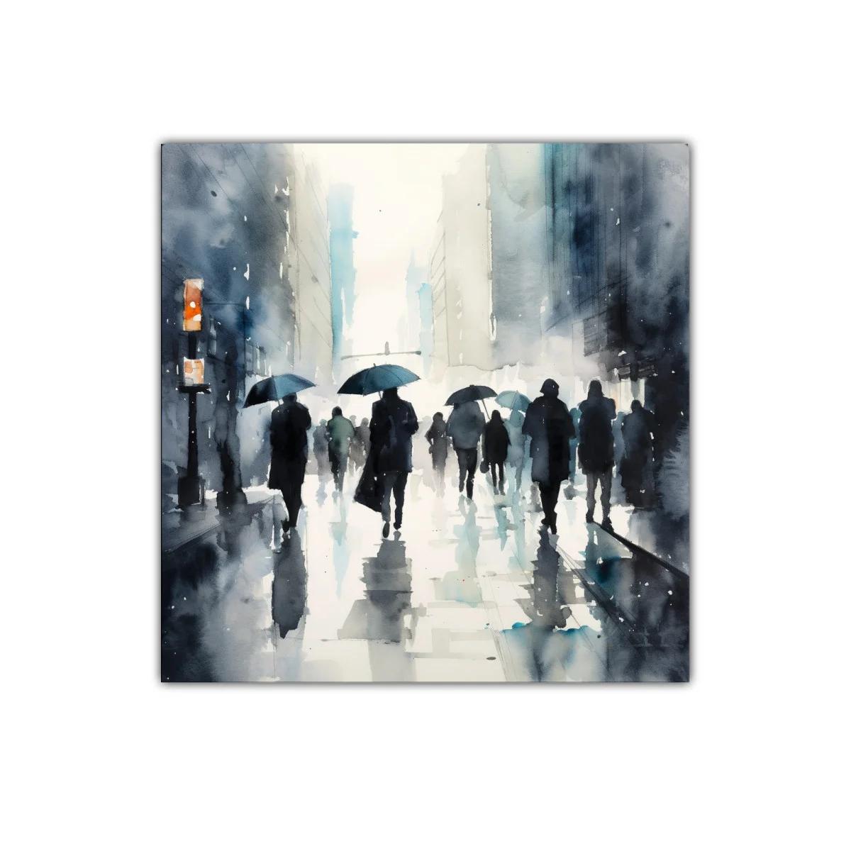 Escena Urbana con Personajes y Paraguas en Días Lluviosos — imagen principal