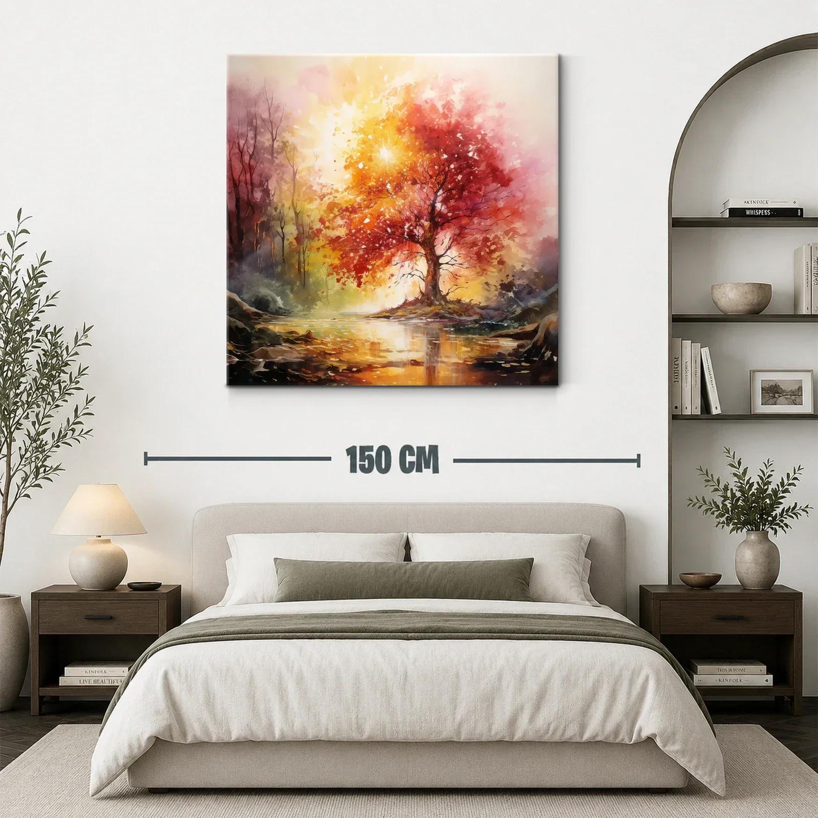 Atardecer en el bosque con árbol rojo y reflejos dorados — miniatura 3