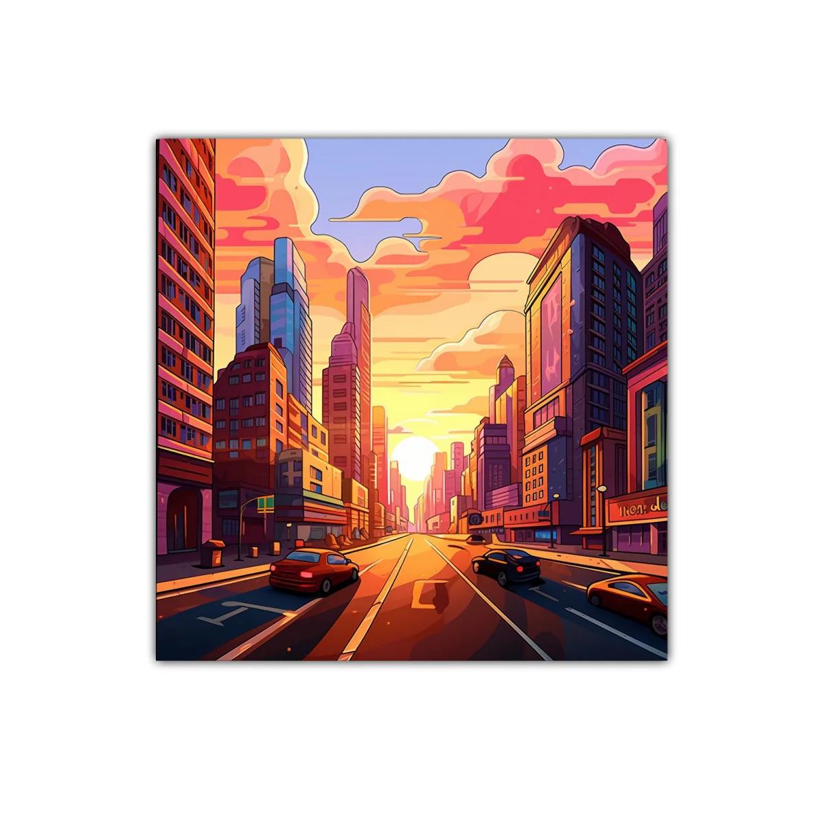 Atardecer vibrante en bulliciosa avenida urbana — miniatura 1