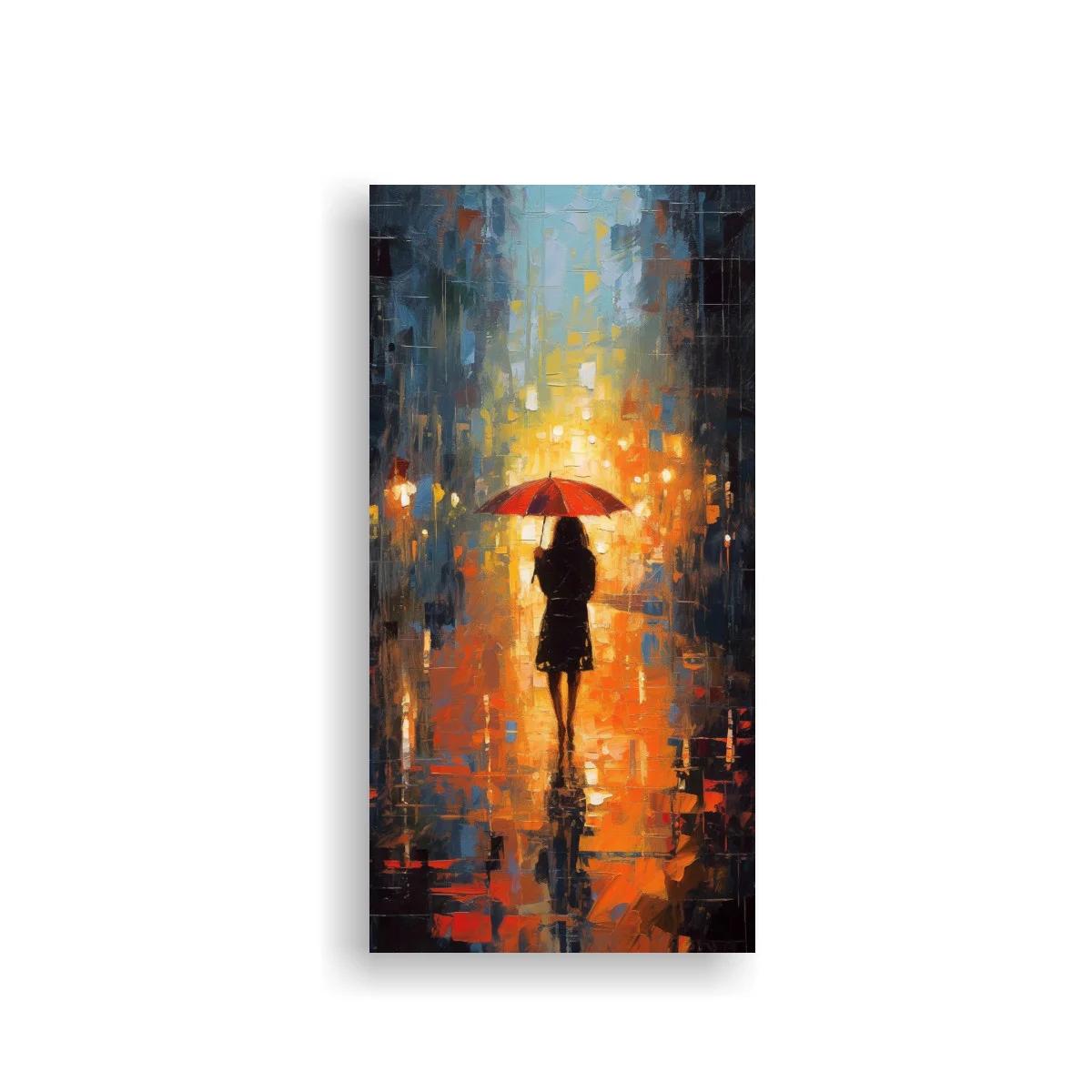 Cuadro mujer con paraguas rojo y luces cálidas