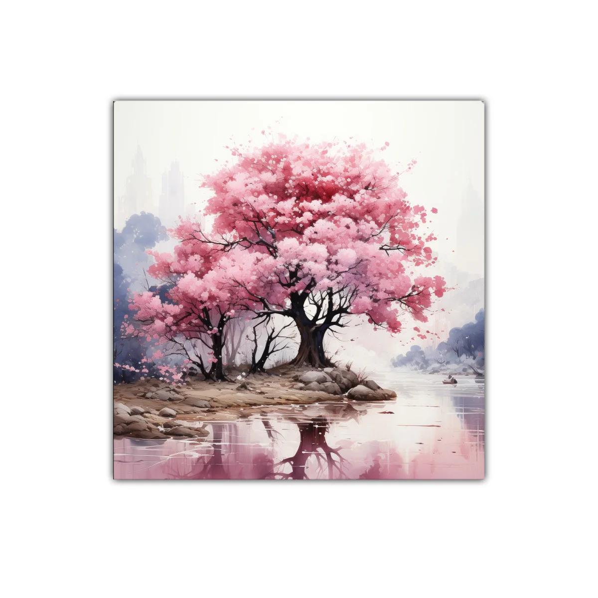 Paisaje sereno con árboles en flor y reflejo en agua