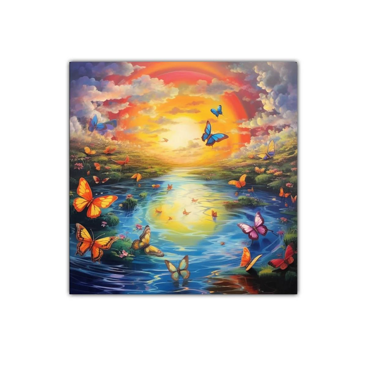 Paisaje onírico con mariposas y atardecer vibrante — imagen principal