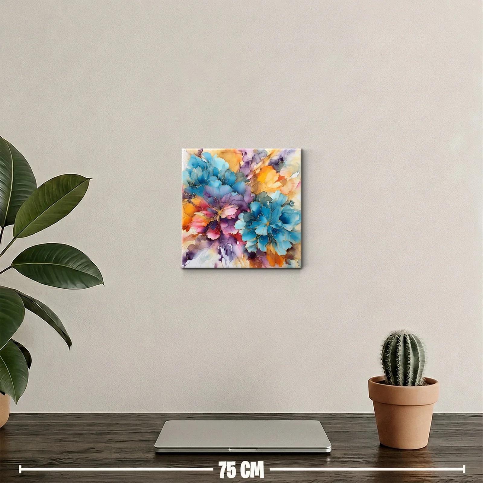 Cuadro floral abstracto en vibrantes tonos azul y naranja — miniatura 2