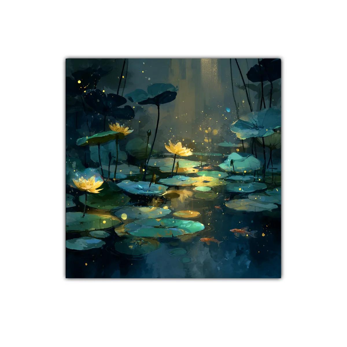 Estanque iluminado con flores y peces en tonos azules — miniatura 1