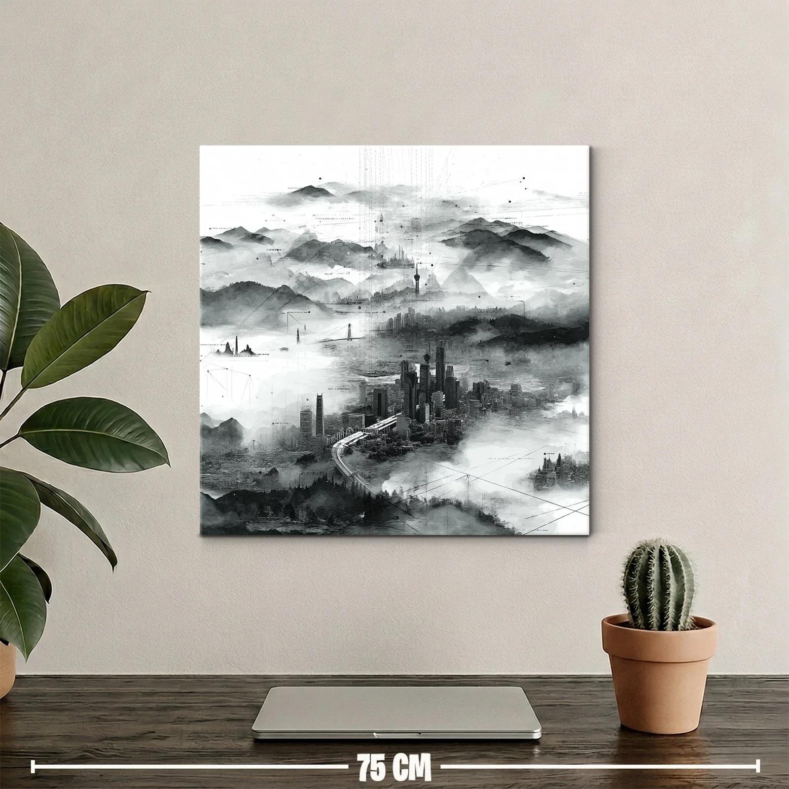 Paisaje urbano en niebla con detalles abstractos en tonos grises — miniatura 2