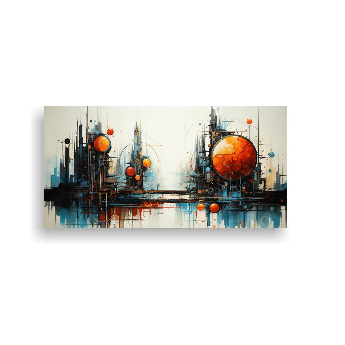 Cuadro ciudad futurista con esferas naranjas y salpicaduras de pintura
