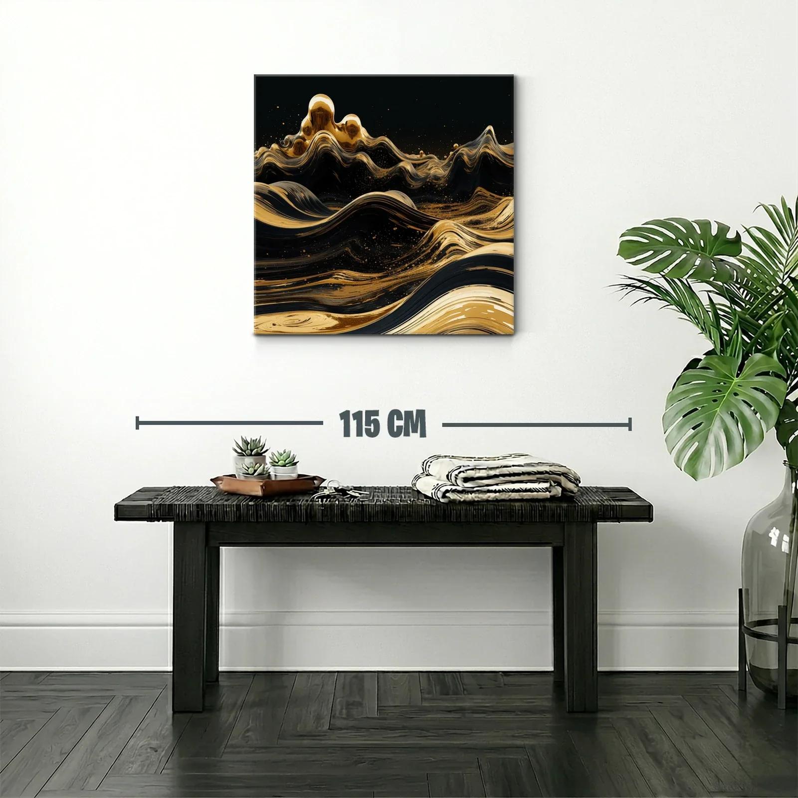 Cuadro abstracto con olas doradas sobre fondo negro — miniatura 2