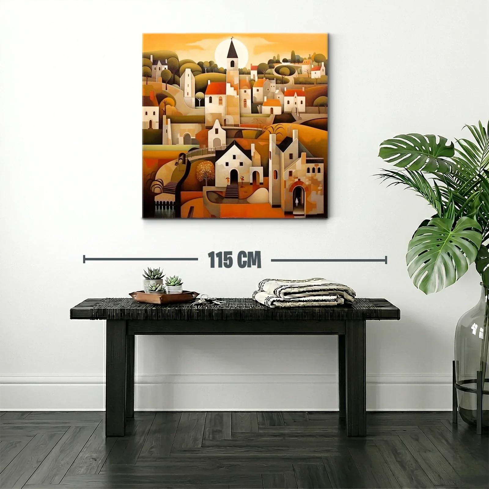 Paisaje urbano con casas y campanario al atardecer — miniatura 2