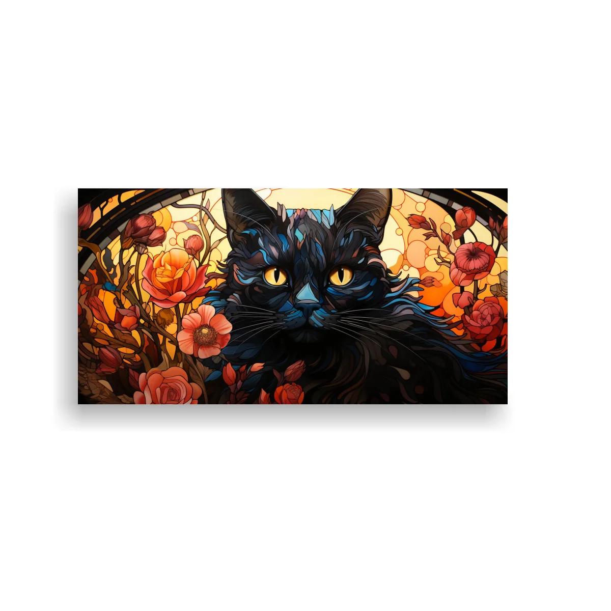 Cuadro gato negro de ojos dorados con arco floral — imagen principal