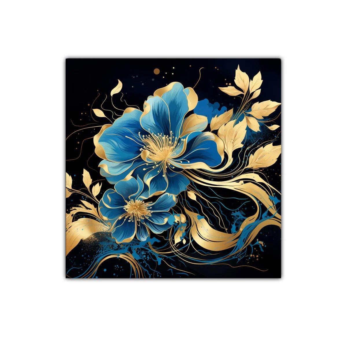 Flores azules y doradas en elegante movimiento orgánico