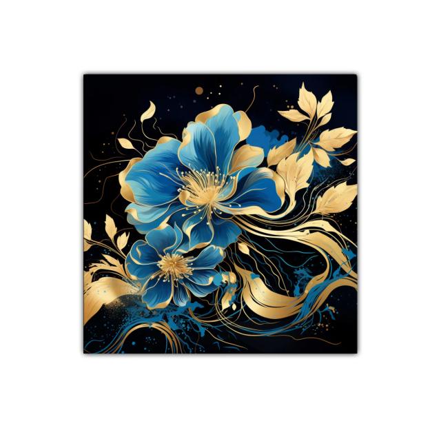 Flores azules y doradas en elegante movimiento orgánico