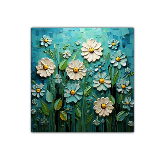 Flores blancas y azules con detalles amarillos en campo vibrante