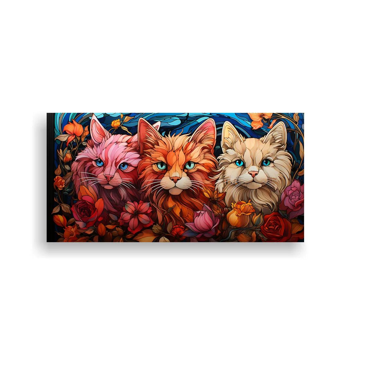 Cuadro tres gatos de pelo largo entre flores