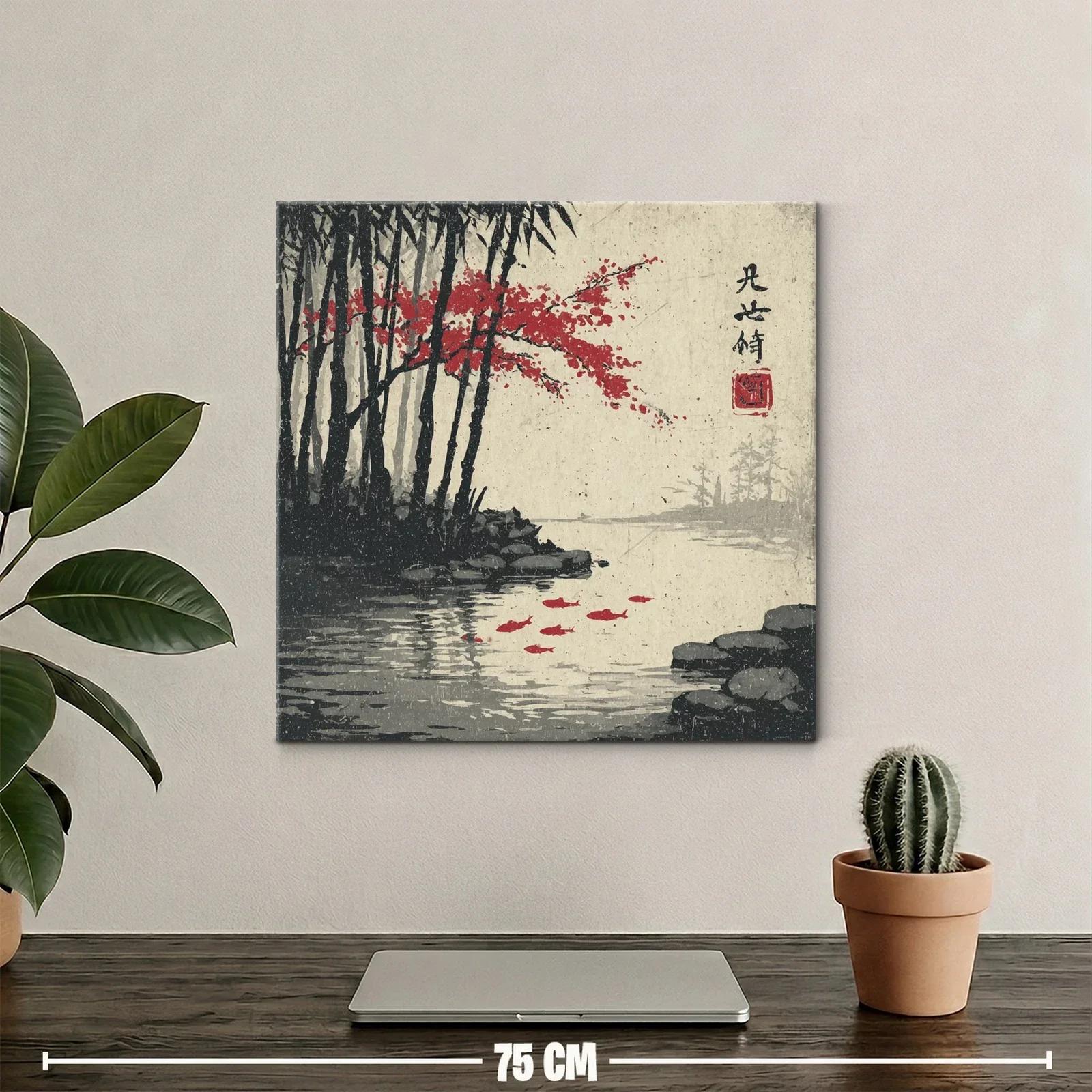 Paisaje sereno con árboles y peces rojos en agua tranquila — miniatura 2