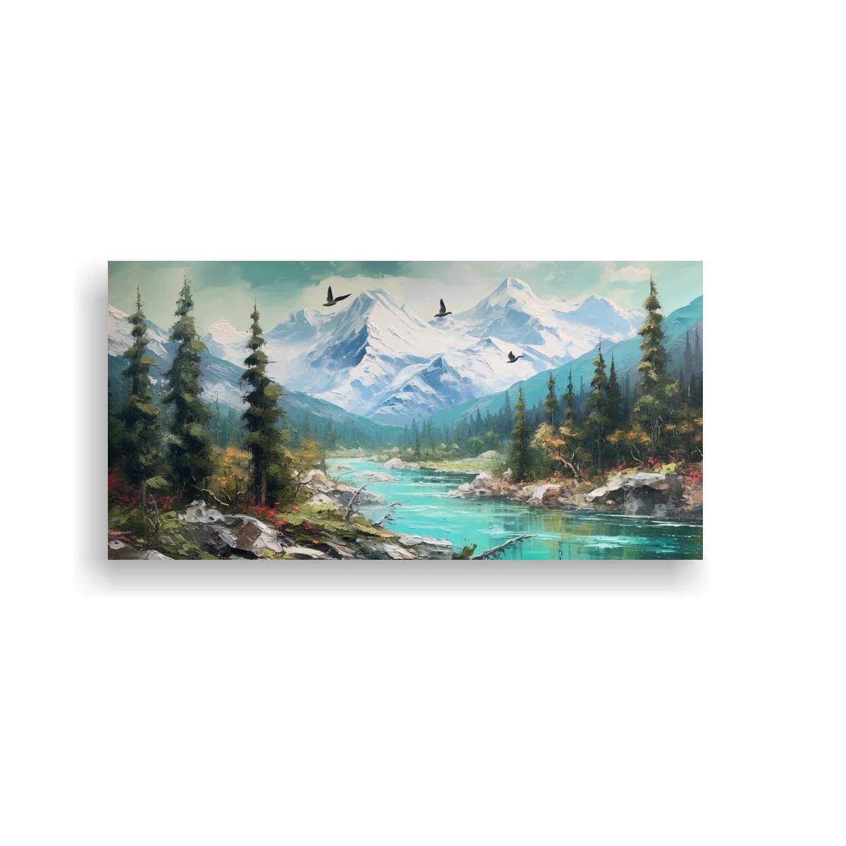 Cuadro paisaje de montaña con lago alpino y aves en vuelo