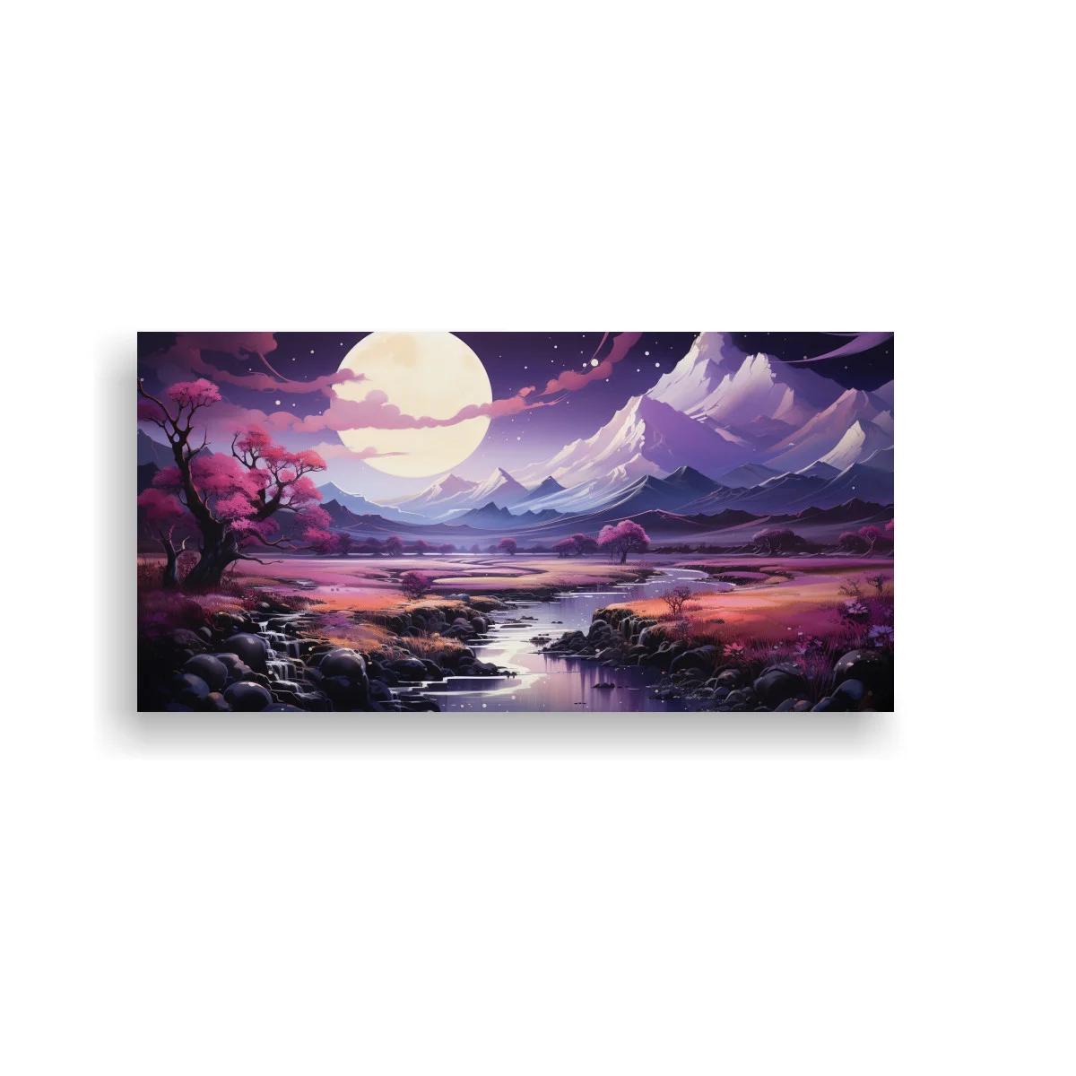 Cuadro paisaje de montaña con luna llena y río serpenteante