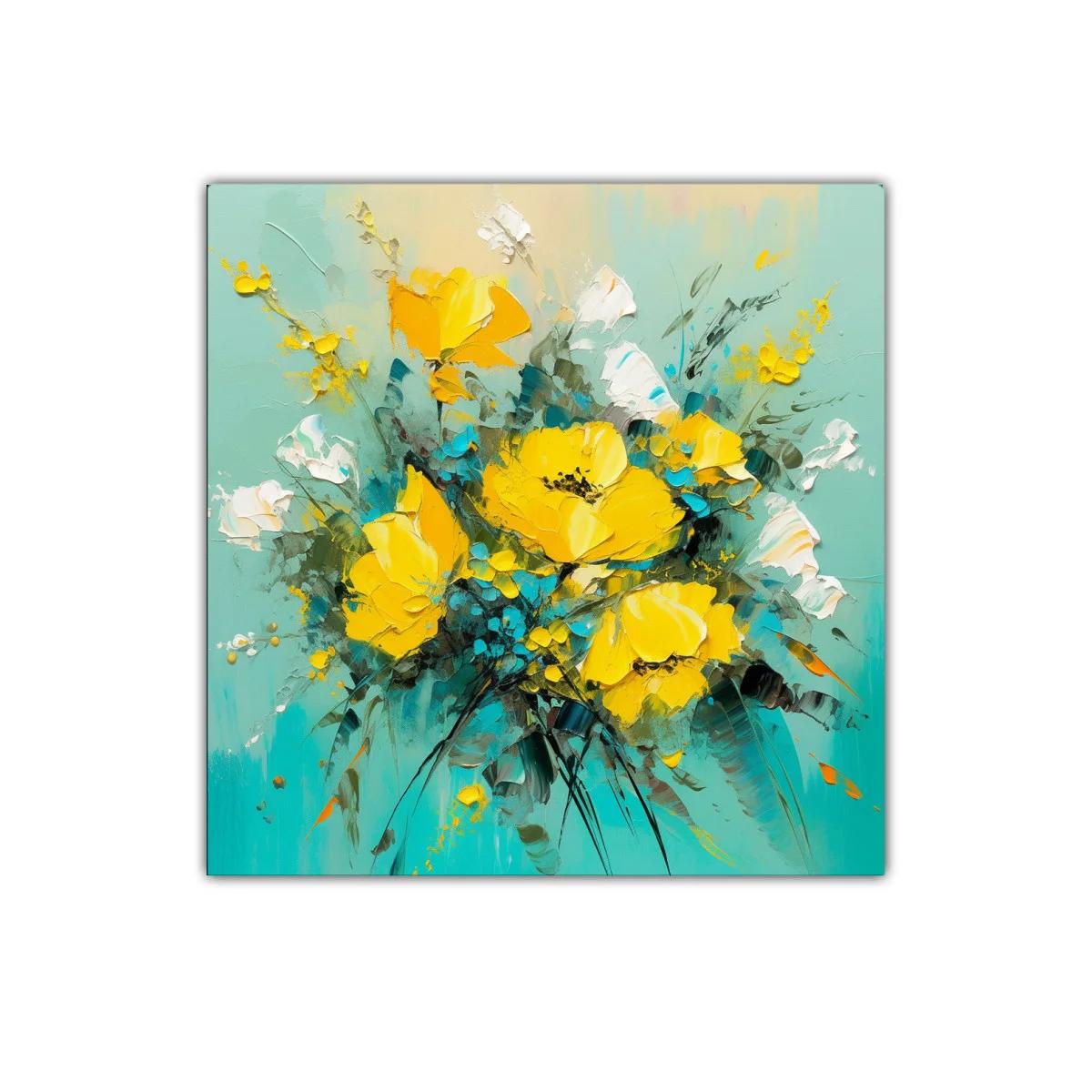 Cuadro moderno con ramo de flores amarillas y fondo turquesa — imagen principal