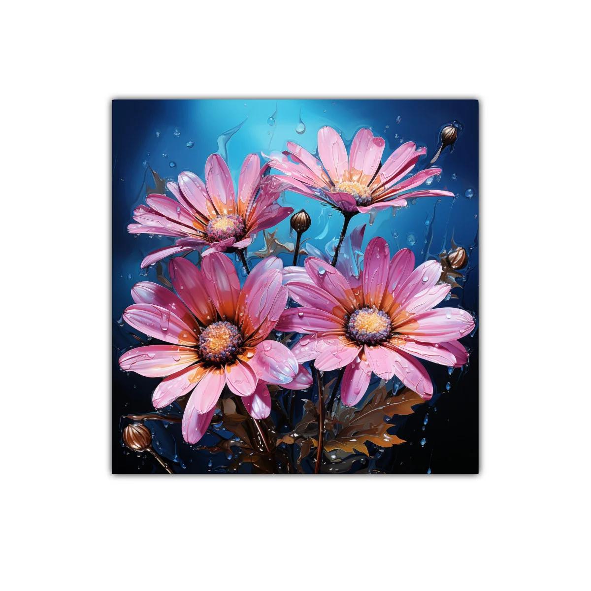 Cuadro decorativo con flores rosas vibrantes y fondo azul — imagen principal