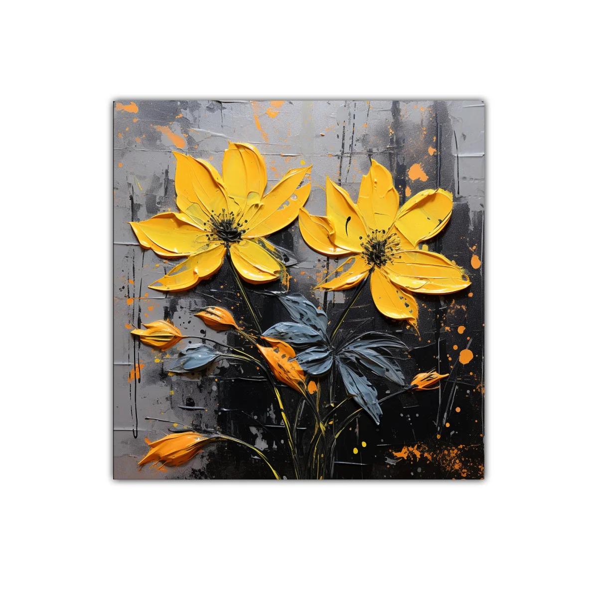 Cuadro floral vibrante con flores amarillas y hojas grises — imagen principal