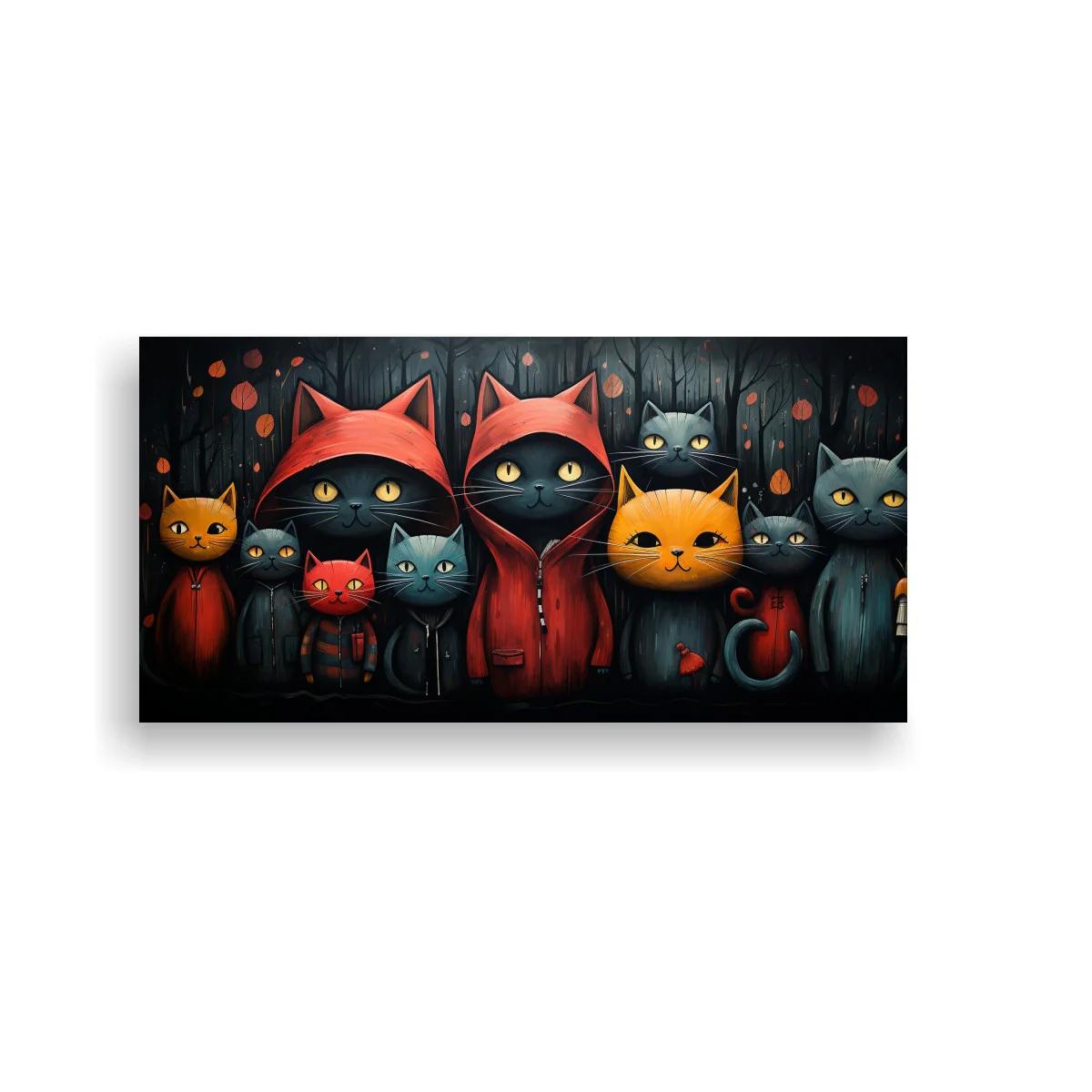 Cuadro grupo de gatos con capuchas rojas y setas — imagen principal
