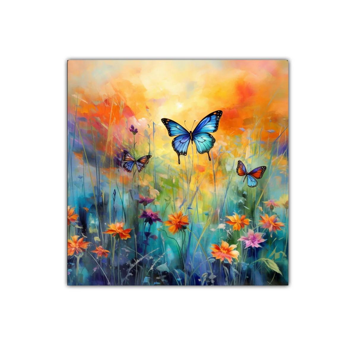 Cuadro decorativo con mariposas azules y flores vibrantes — imagen principal