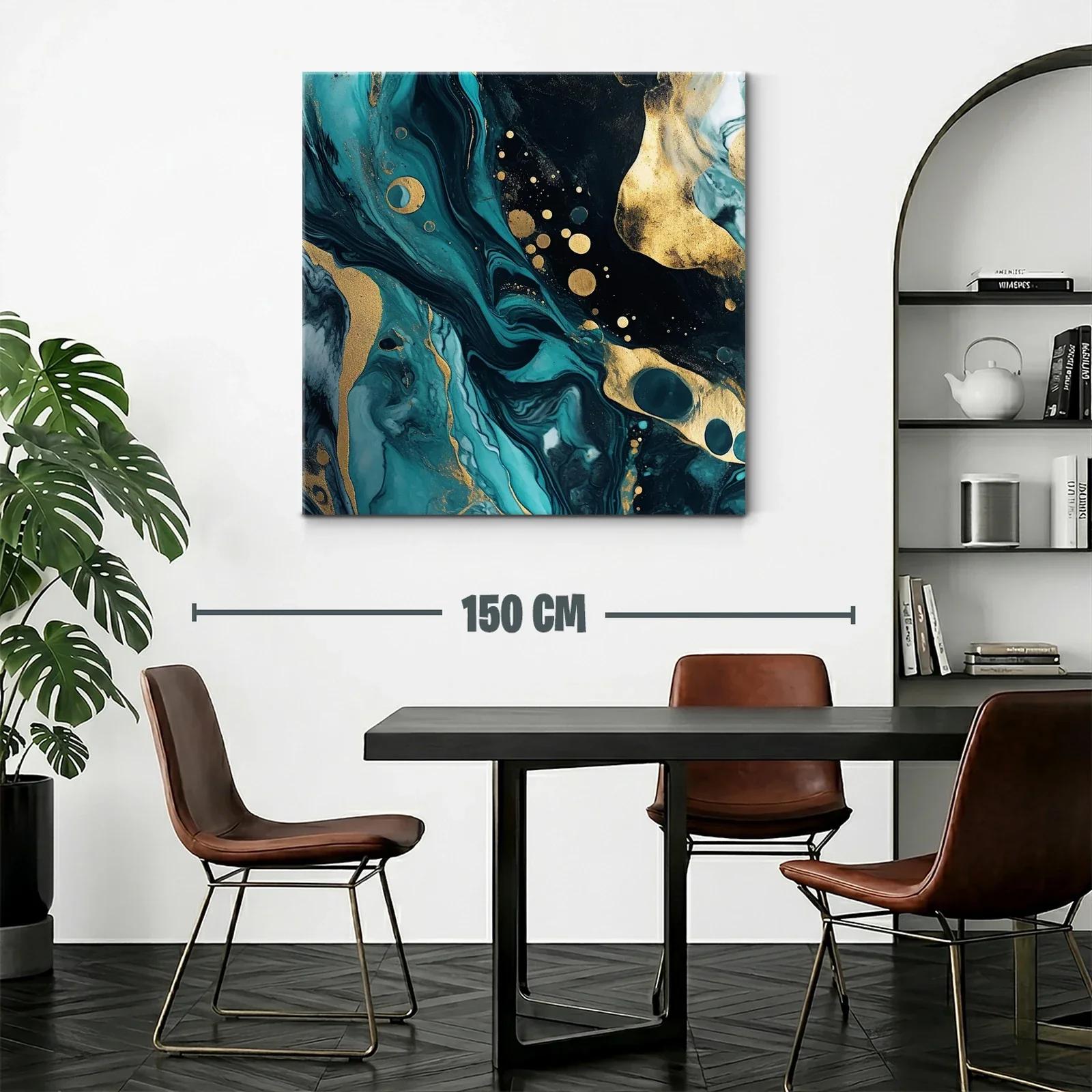 Cuadro abstracto con tonos turquesa y dorado vibrante — miniatura 2