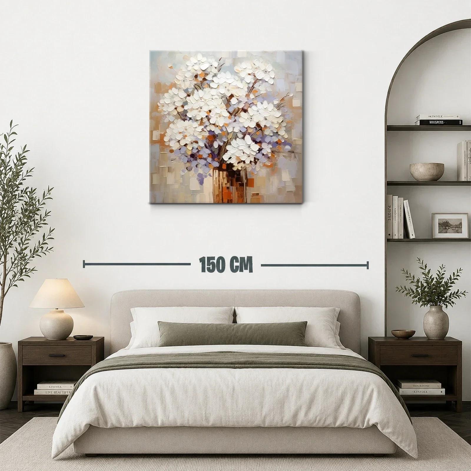 Cuadro moderno con ramo de flores blancas y tonos cálidos — miniatura 3